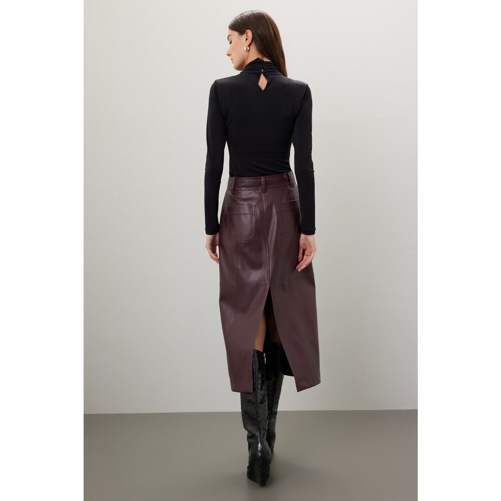 RTR Saunders Brown Faux Leather Slit Midi Skirt Size 14 - Picture 3 of 8